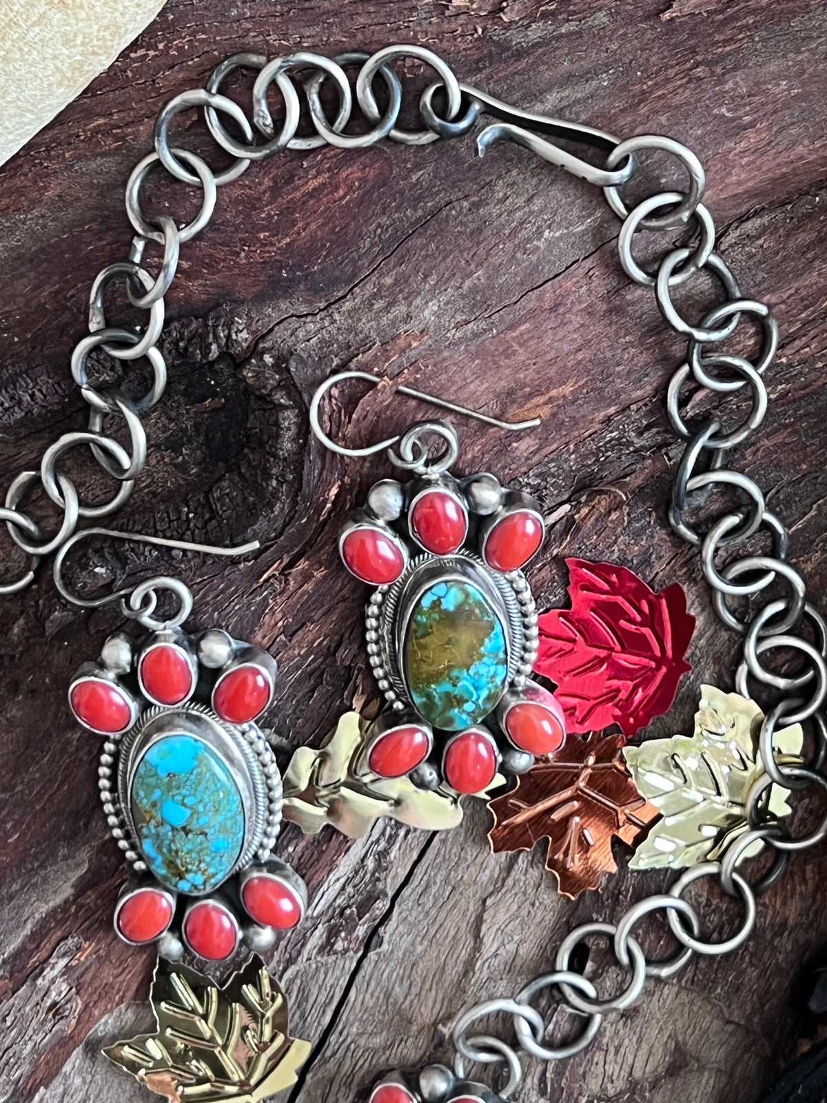 Taos Collection: Handcrafted Sterling Silver, Kingman Turquoise and Mediterranean Coral Necklace & Earrings Set by Kathleen Chavez