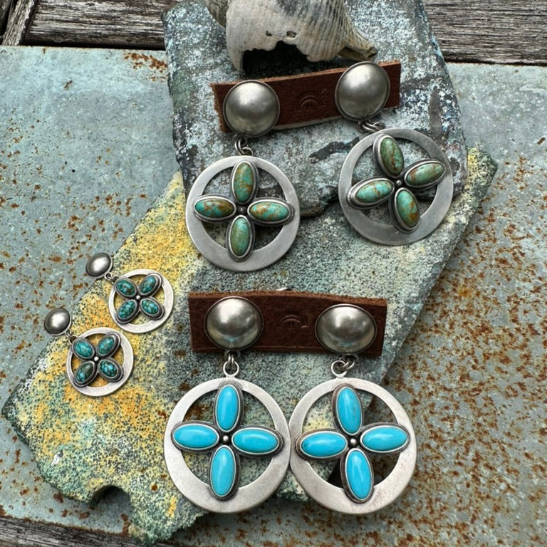 Artisan Made Sterling Silver and Blue Turquoise Four Directions Earrings by Dennis Hogan
