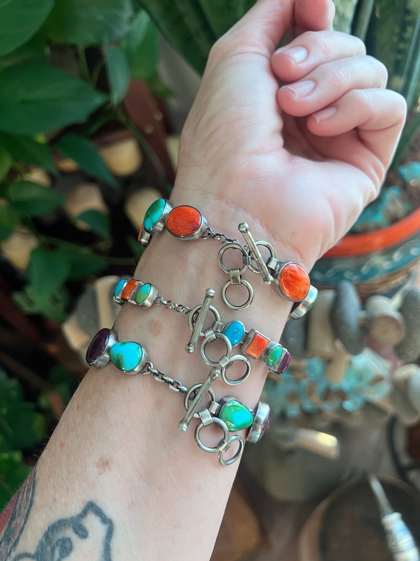 Loretta Delgarito Sterling Silver Electric Rainbow Link Turquoise and Spiny Oyster Bracelet, Ovals & Rectangles