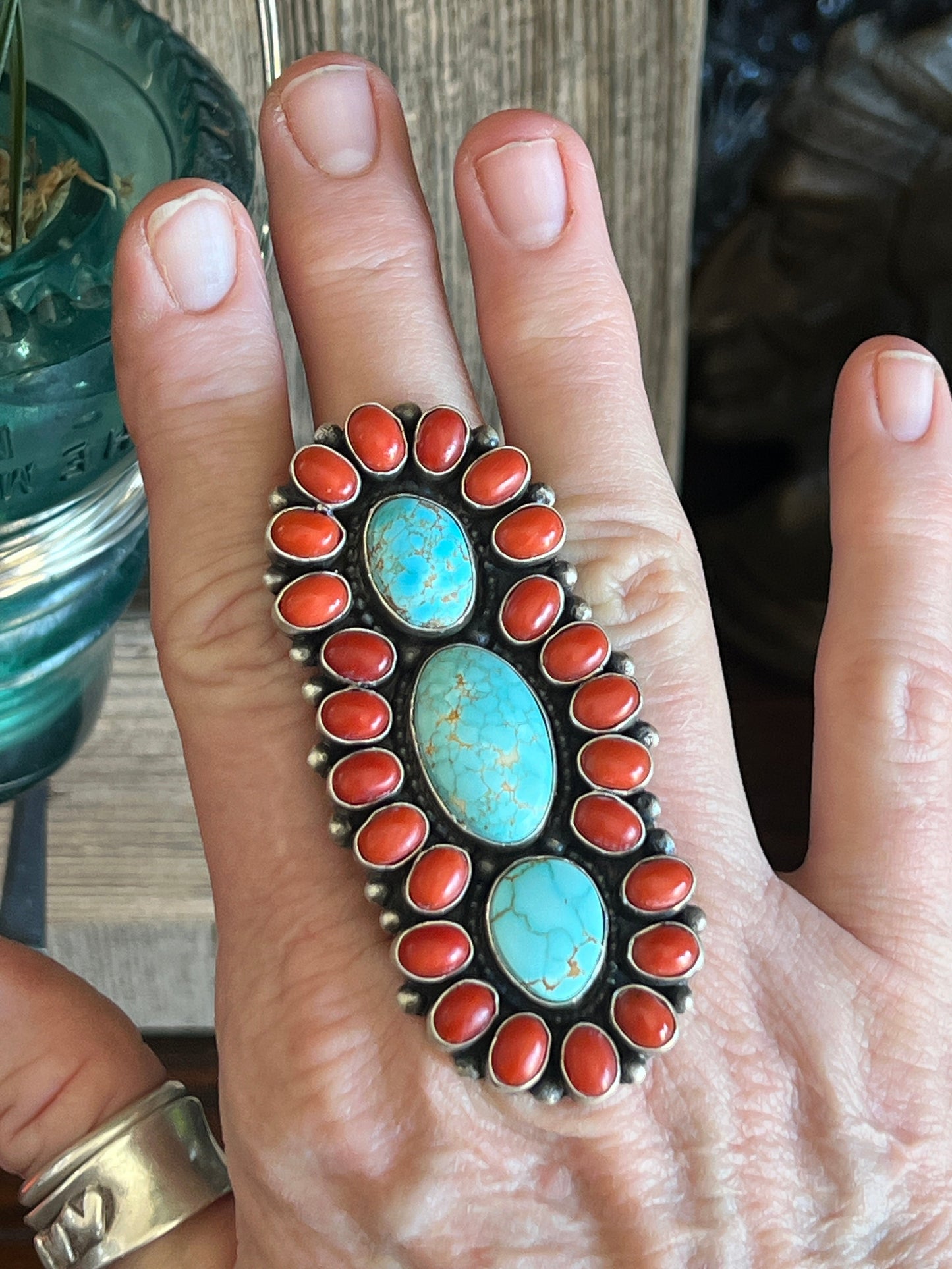 Navajo Sterling Silver, Coral and Number 8 Turquoise Ring by Darrin Livingston, Size 9