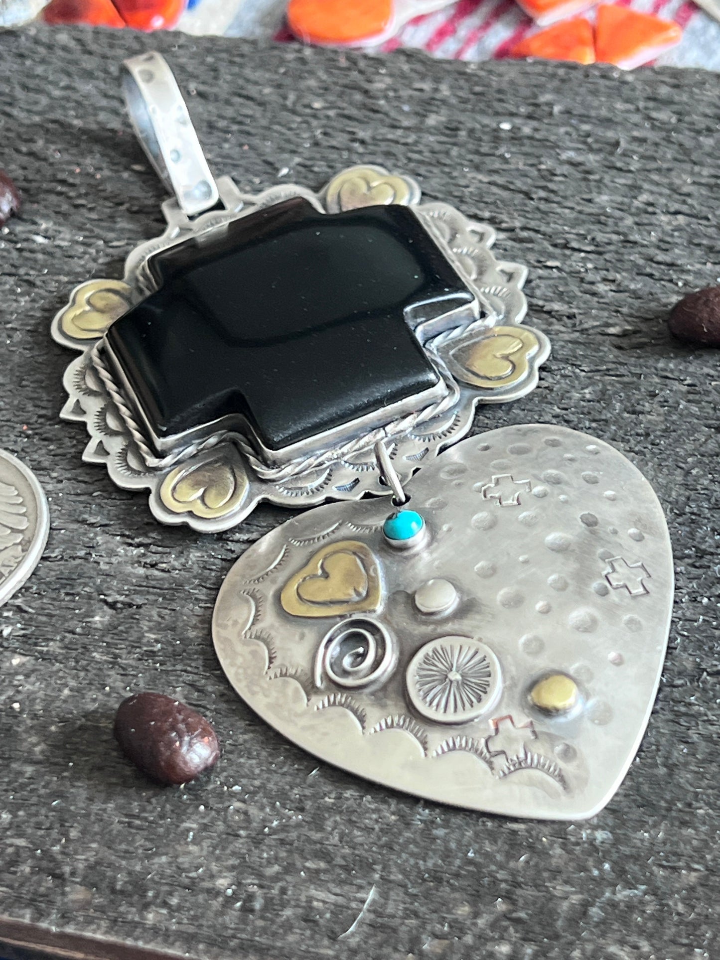 Hand Stamped Sterling Silver & Black Marble Santa Fe Cross and Heart Pendant by Kimari Somers