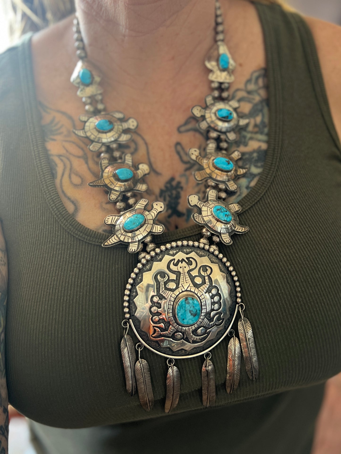 Vintage Sterling silver and Turquoise Turtle Themed Squash Blossom Style Necklace