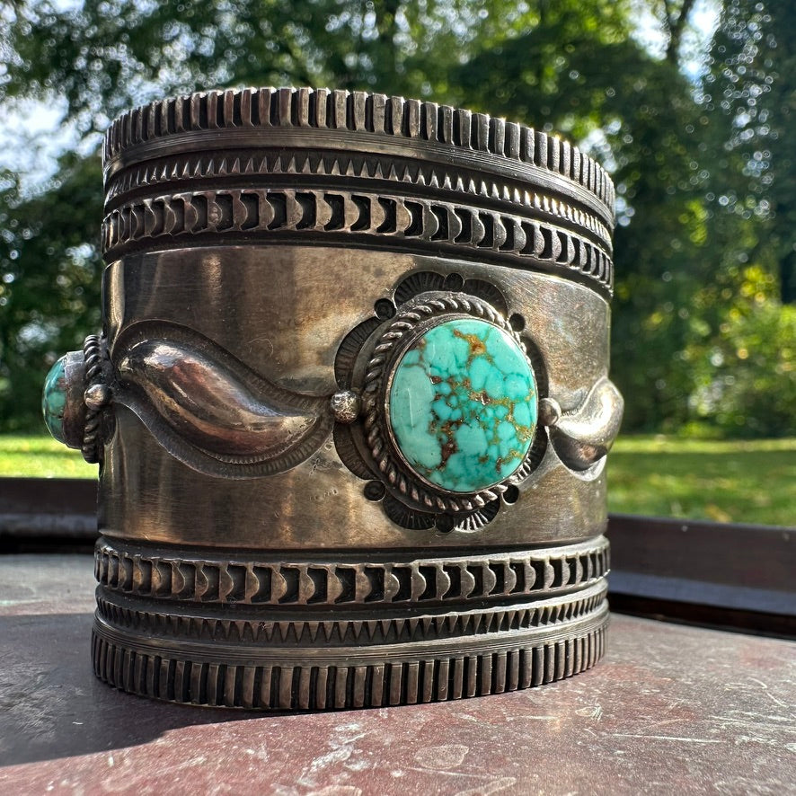 Navajo Made Sterling Silver Turquoise Wonder Woman Cuff Bracelet, Signed Albert Jake