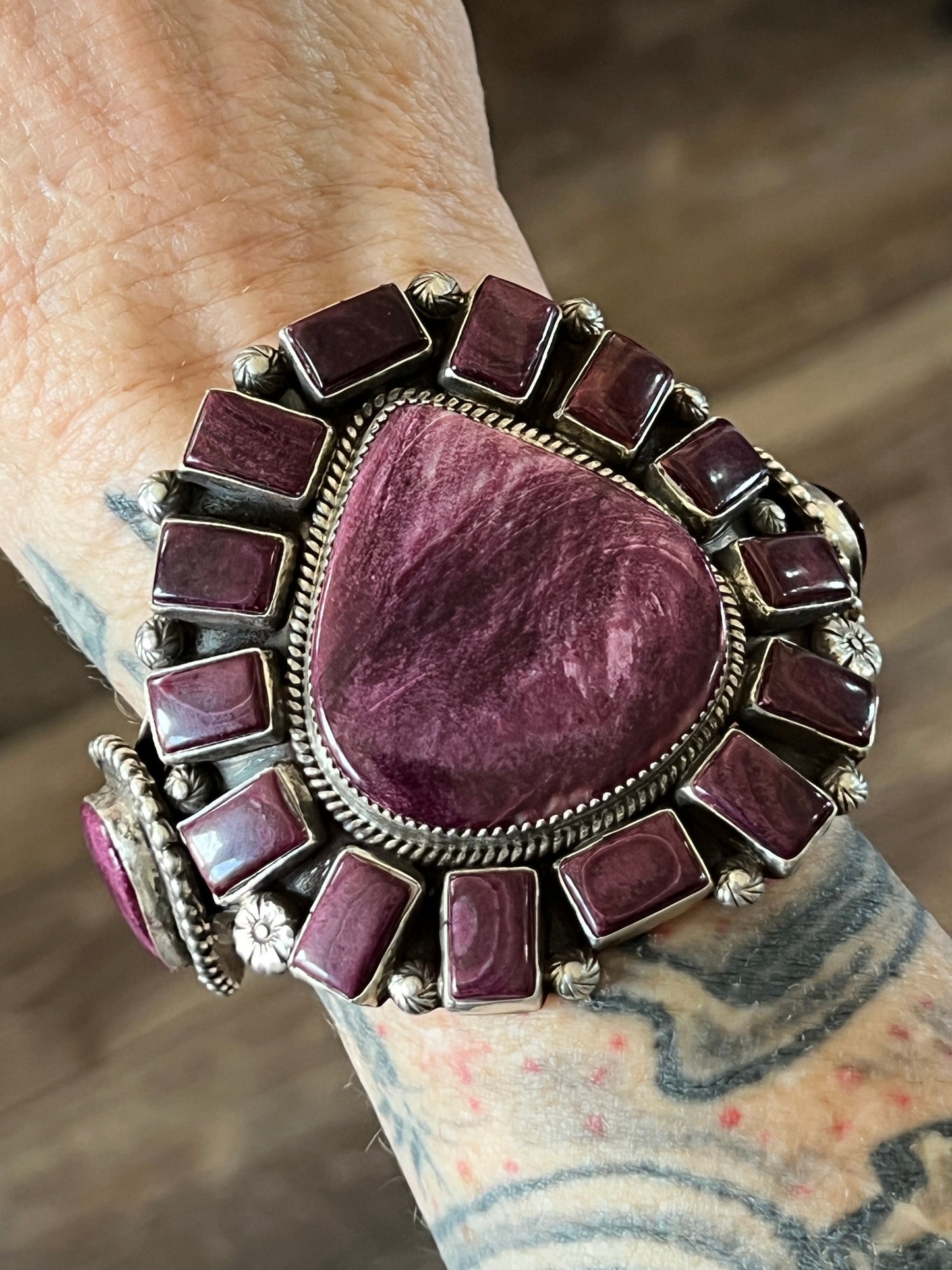 Navajo Sterling Silver and Purple Spiny Oyster Shell Cuff Bracelet by Tyler Brown