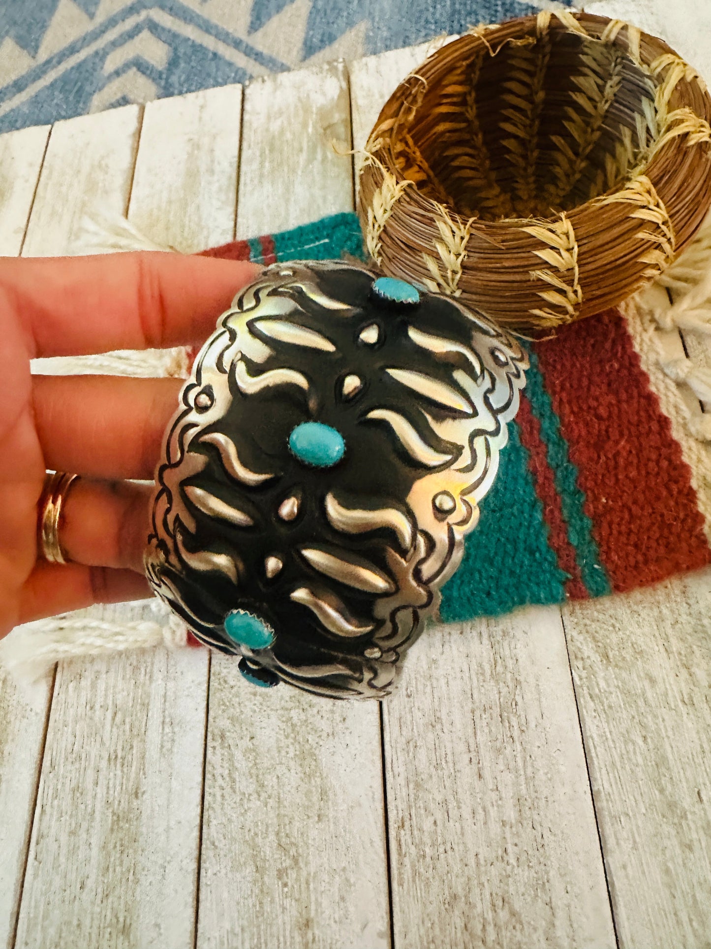 Navajo Sterling Silver & Turquoise Bangle Bracelet by Leander Tahe