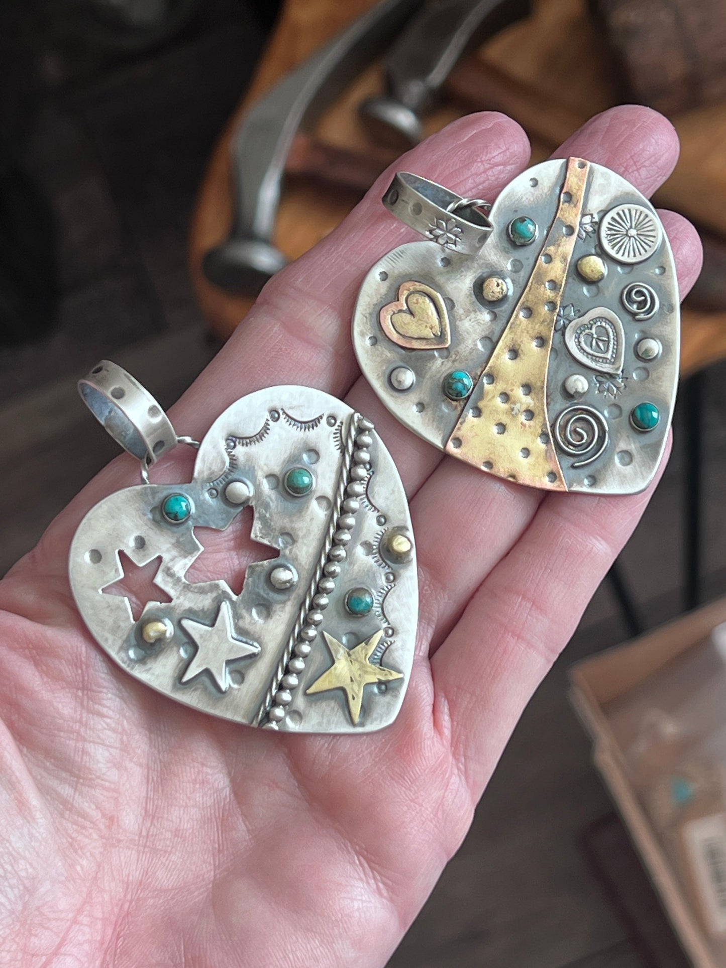Hand Stamped Sterling Silver & Turquoise Heart Pendants w/ Brass Accents by Kimari Somers