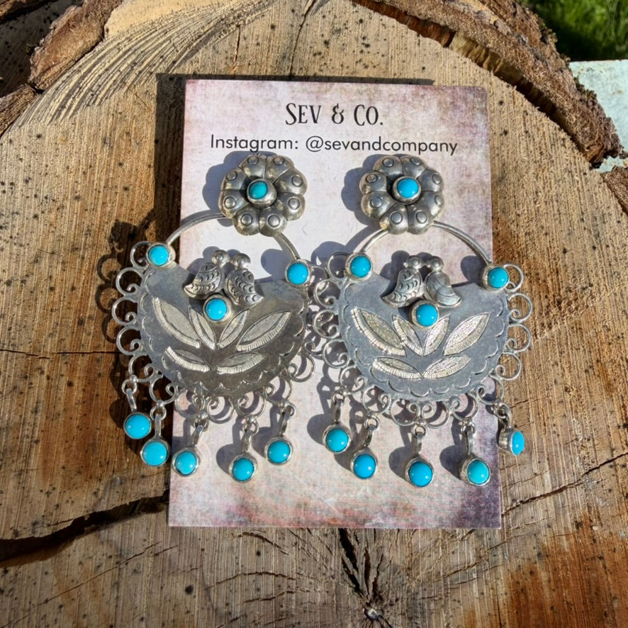 Sterling Silver Turquoise Flower Lovebird Earrings by Federico Jimenez