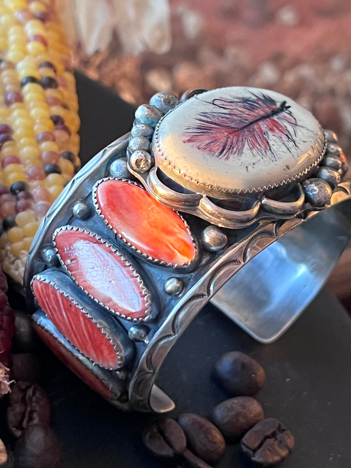 Sterling Silver and Spiny Oyster Shell Repurposed Ben Duboise Watch Cuff Bracelet by Isaac Baca