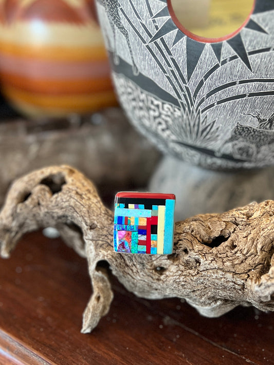 Ronald Chavez Electric Rainbow Sterling Silver Square Mosaic Multistone Ring, Size 10