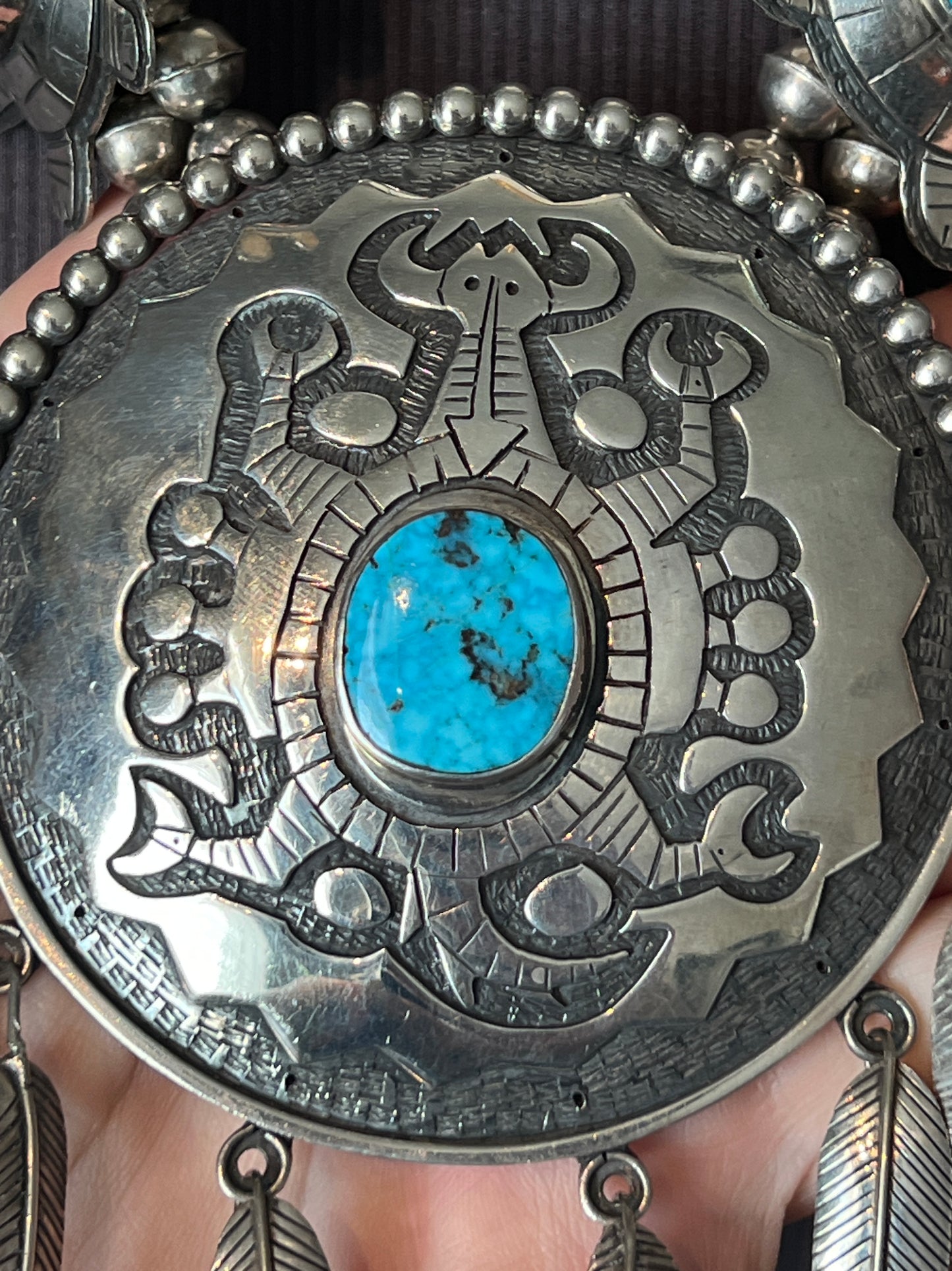 Vintage Sterling silver and Turquoise Turtle Themed Squash Blossom Style Necklace