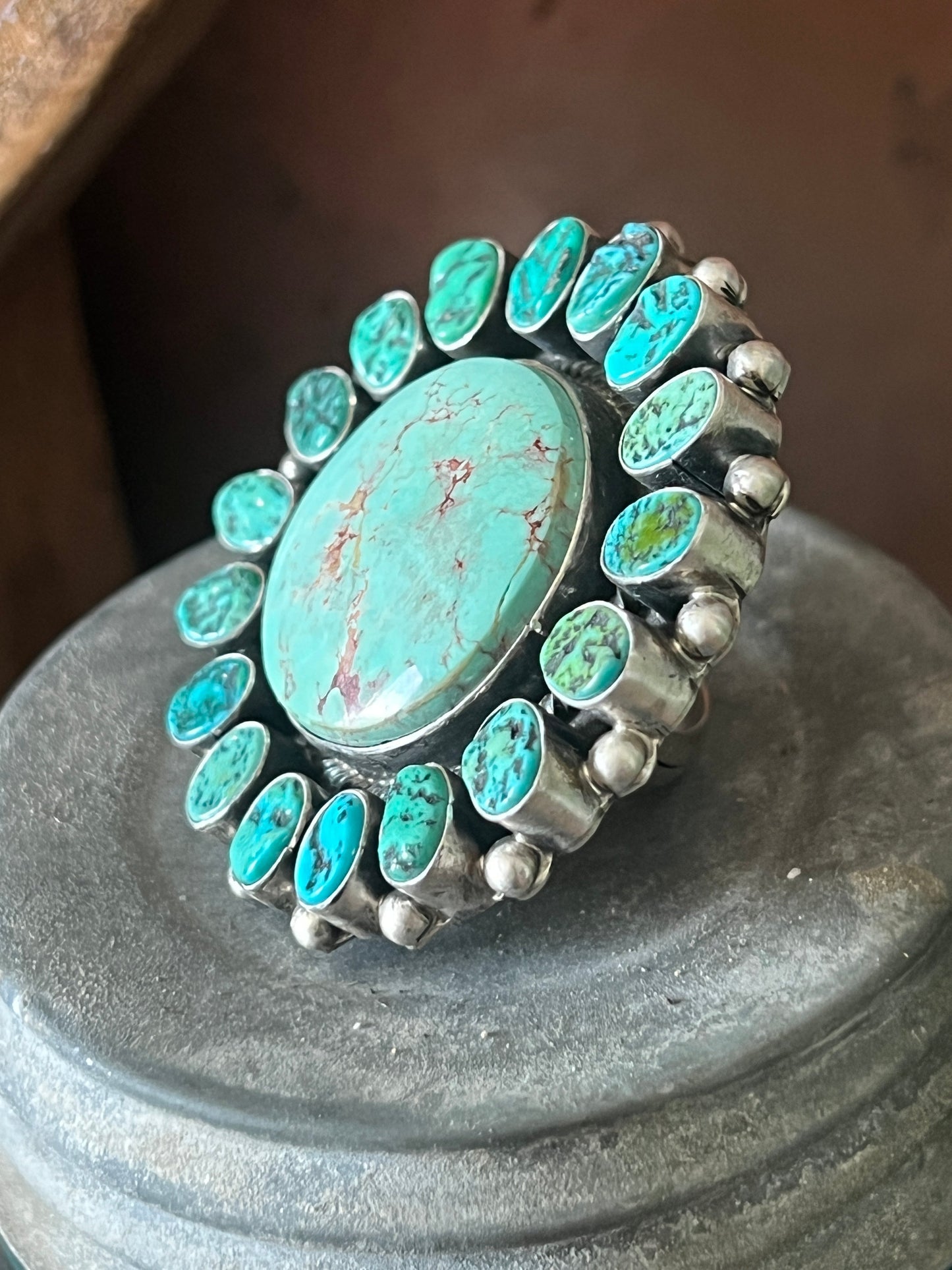 Navajo Sterling Silver Around The World Kingman Cluster Ring by Blaine Yellowhorse, Size 7.5