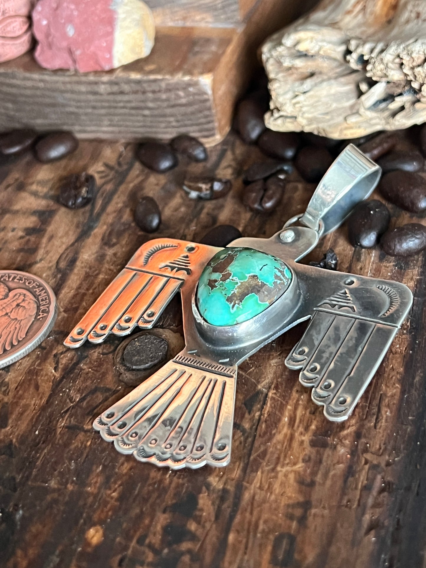 Hand Stamped Sterling Silver and Turquoise Thunderbird Pendant by Kimari Somers