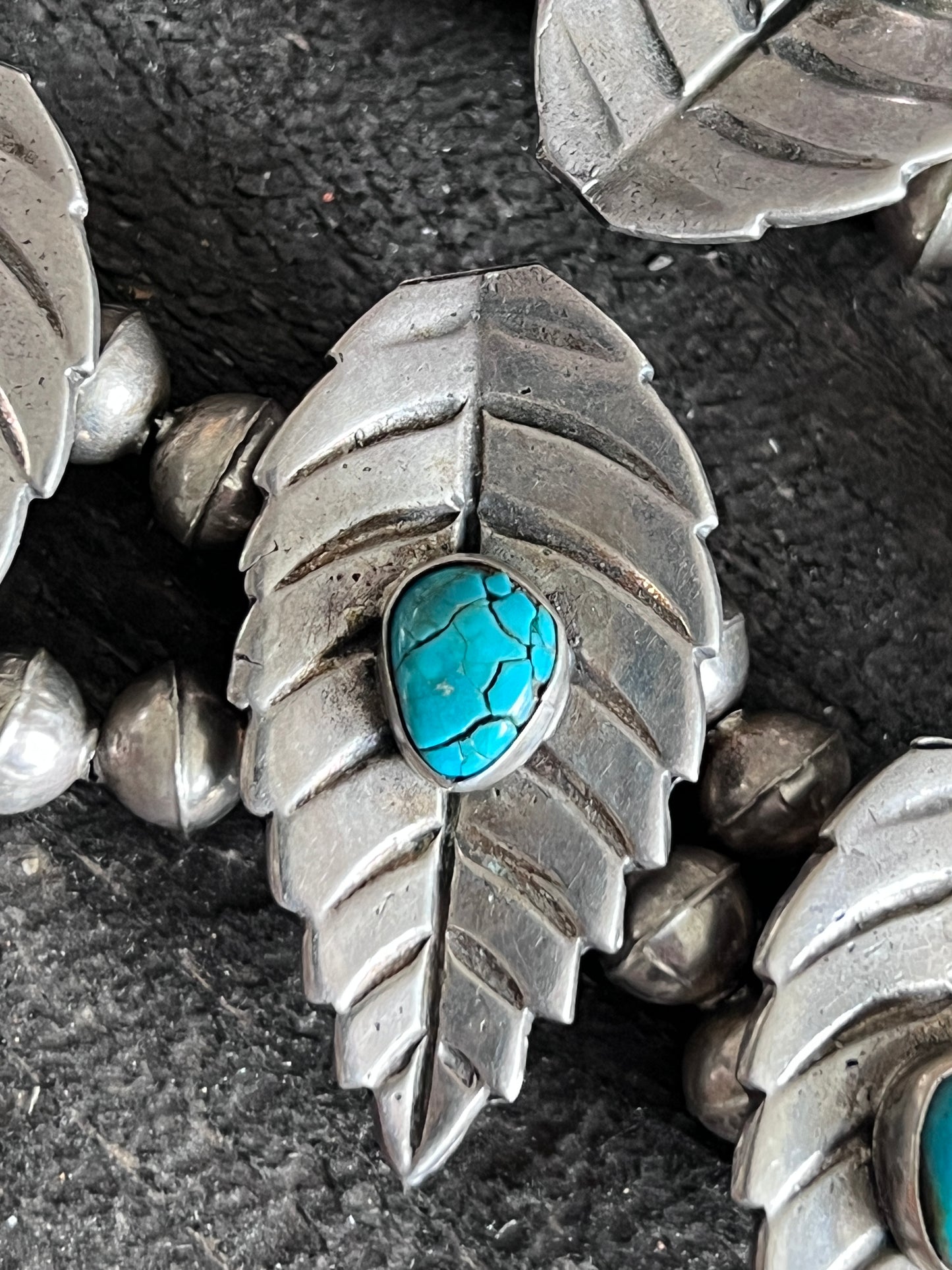Vintage Unsigned Sterling Silver and Turquoise Squash Blossom with Leaf Motif