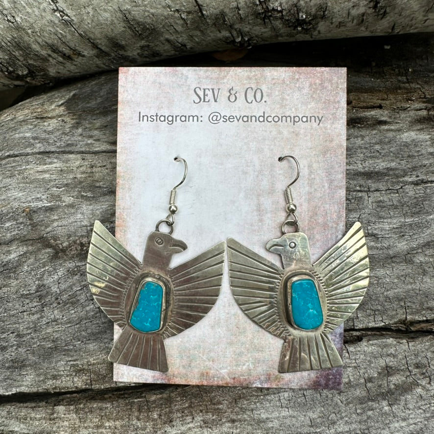Native Made Sterling Silver and Turquoise Blue Thunderbird Earrings by Vernon Begay