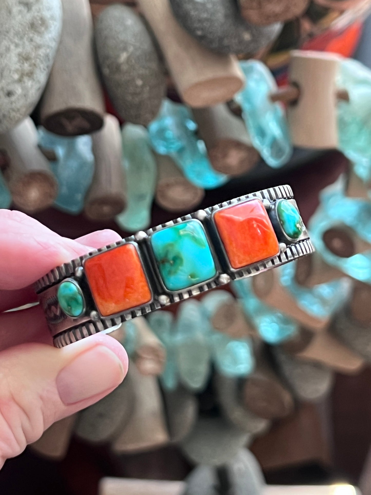 Handcrafted Sterling Silver Electric Rainbow Sonoran Turquoise and Spiny Oyster Stacker Cuff Bracelet by Murphy Platero