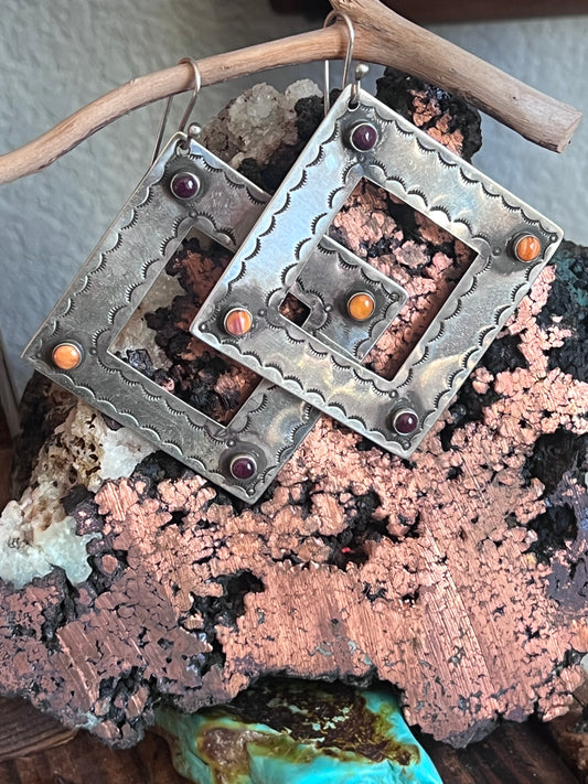 Kimari Somers Handcrafted Square Sterling Silver and Spiny Oyster Shell Earrings