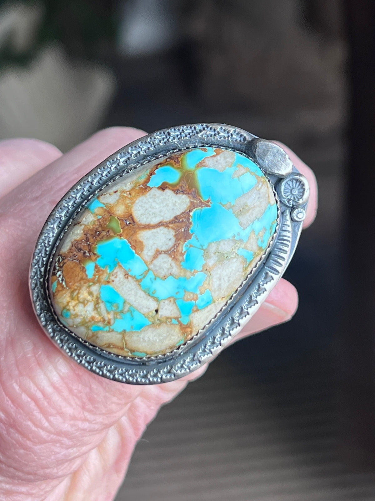 Natural Royston Turquoise and Sterling Silver Snake Motif Ring by Isaac Baca, Size 8 to 8.5