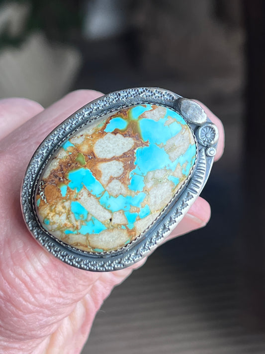 Natural Royston Turquoise and Sterling Silver Snake Motif Ring by Isaac Baca, Size 8 to 8.5