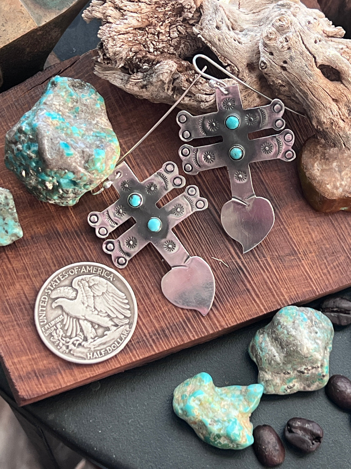 Hand Stamped Sterling Silver Dragonfly Cross Heart Dangle Earrings with Kingman Turquoise by Kimari Somers, Shaped Bars