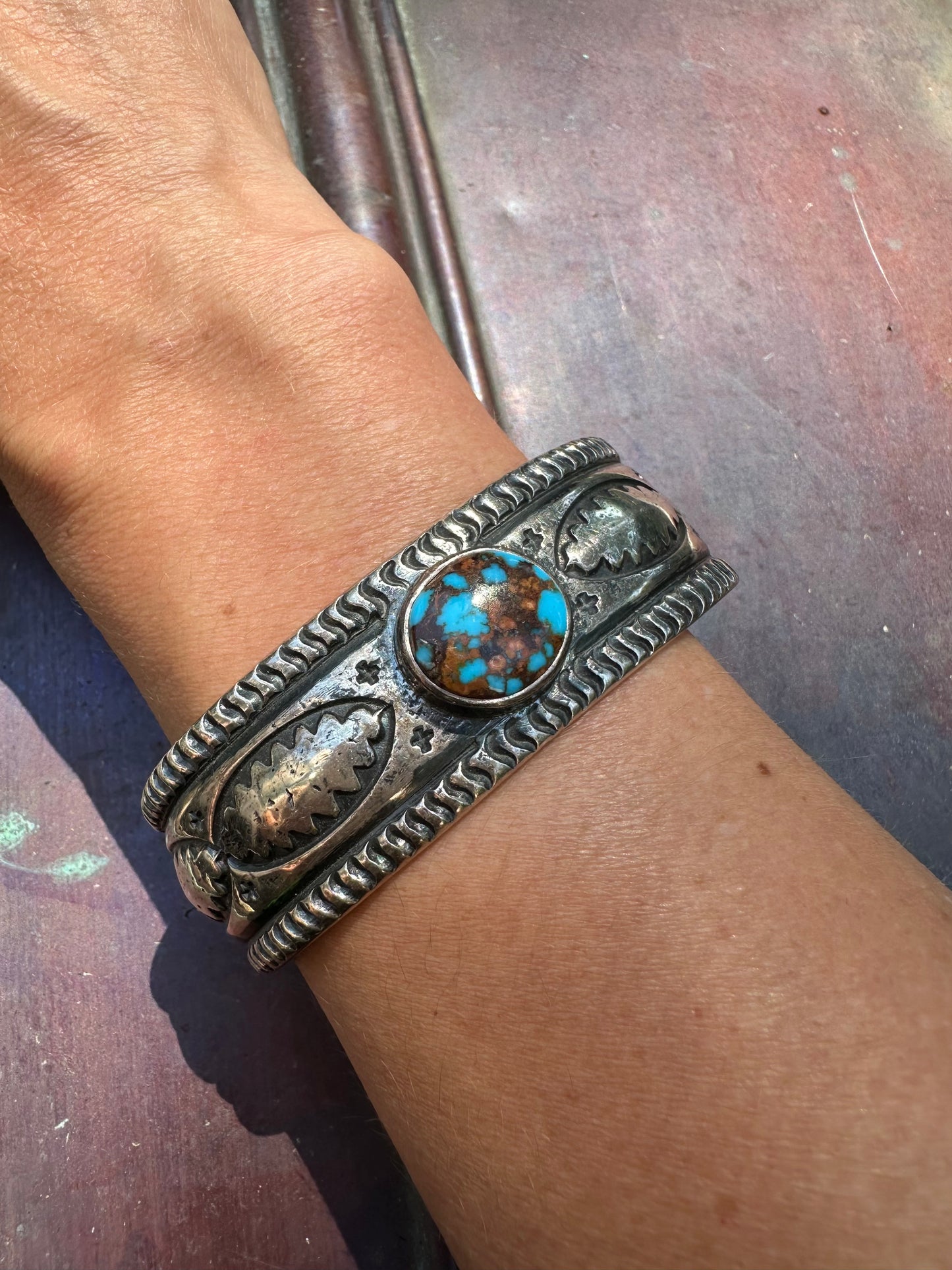 Hand Forged Sterling Silver and Turquoise Ingot Cuff Bracelet by Navajo Artist, Gabe Natan