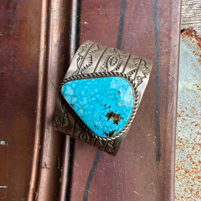 Navajo Made Wide Sterling Silver and Turquoise Teardrop Cuff Bracelet Signed B.E.