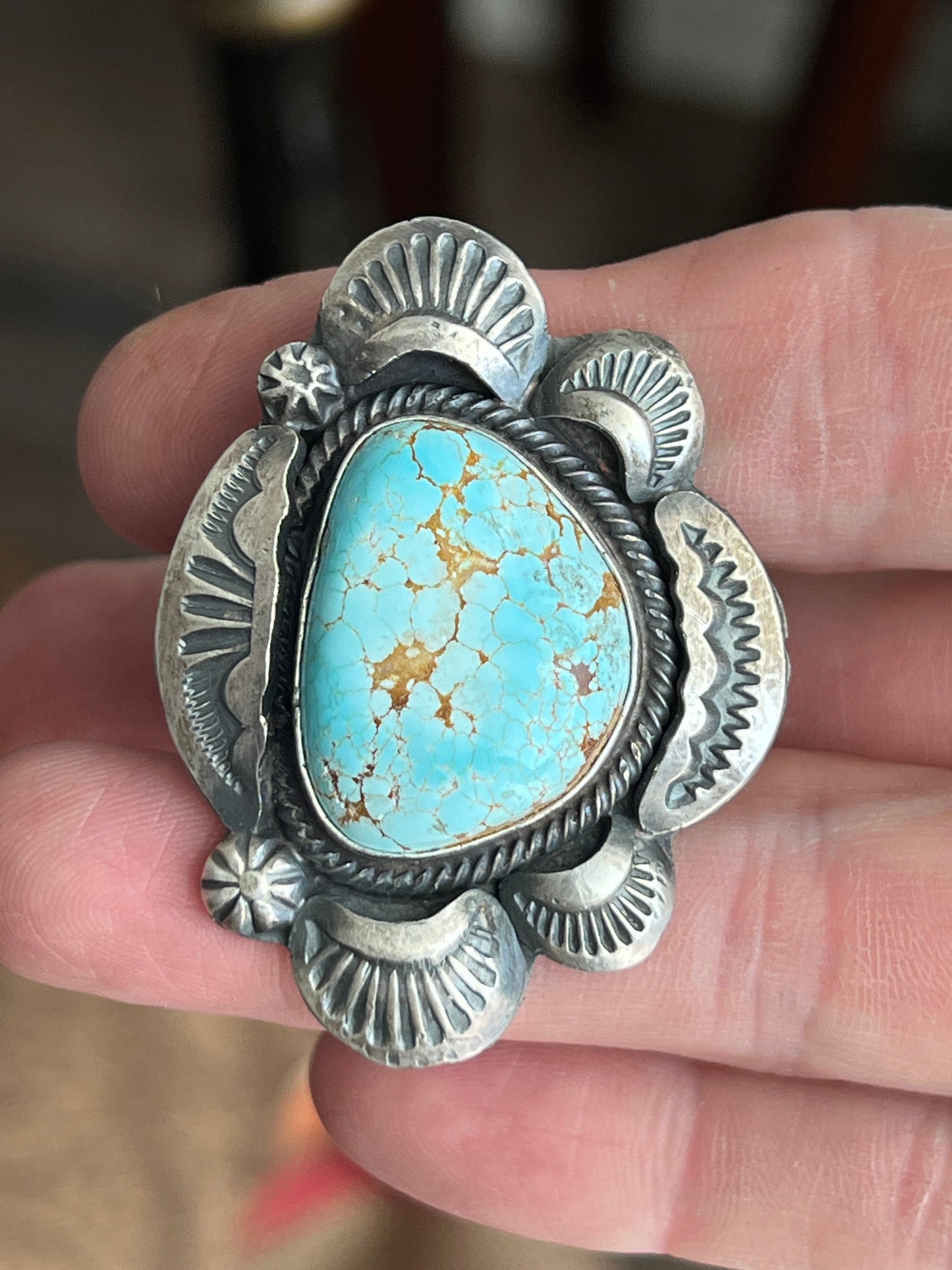 Sterling Silver and Number 8 Turquoise Ring by Navajo Artist, Gilbert Tom, Size 10.5