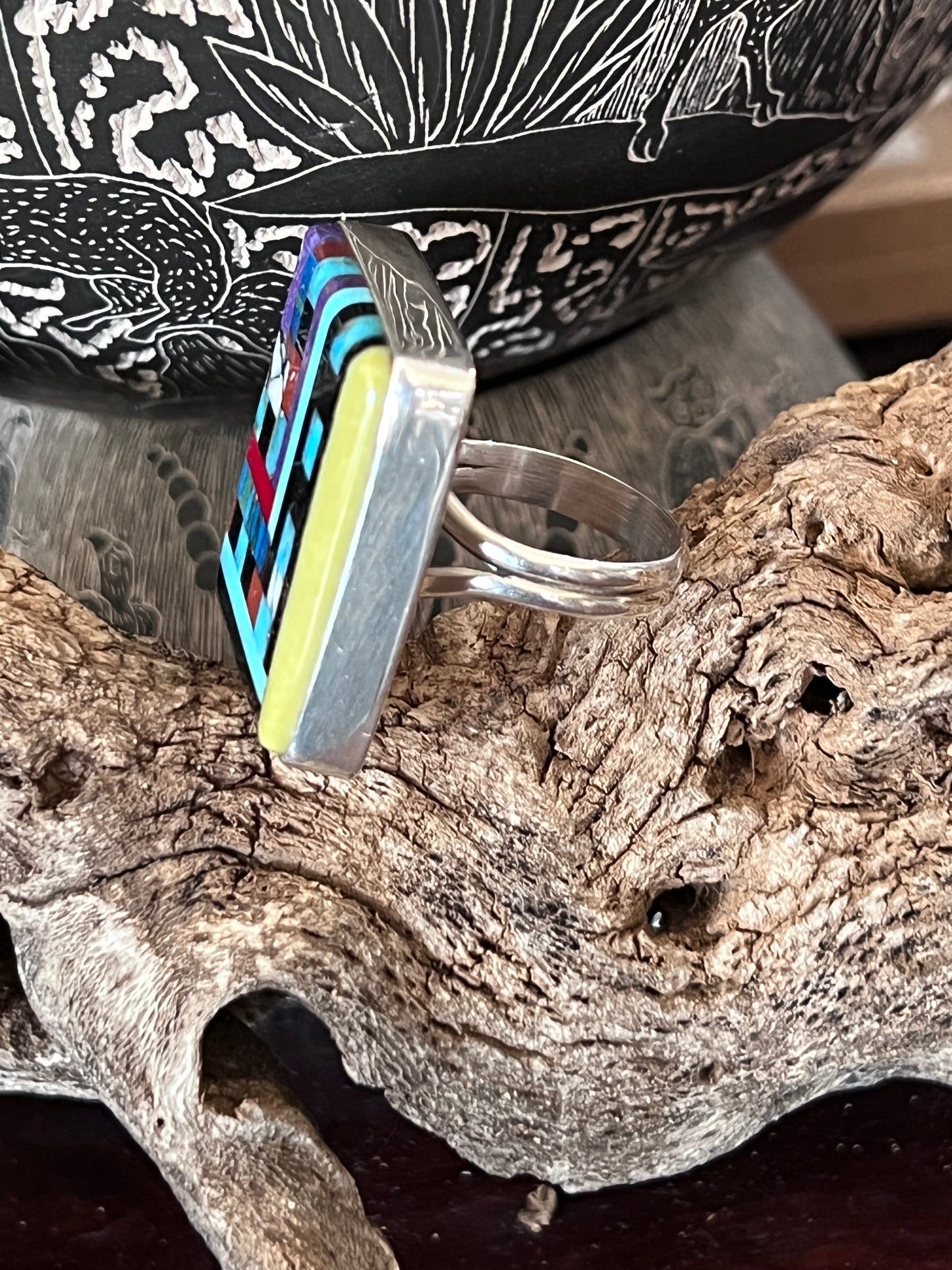 Ronald Chavez Electric Rainbow Sterling Silver Square Mosaic Multistone Ring, Size 9