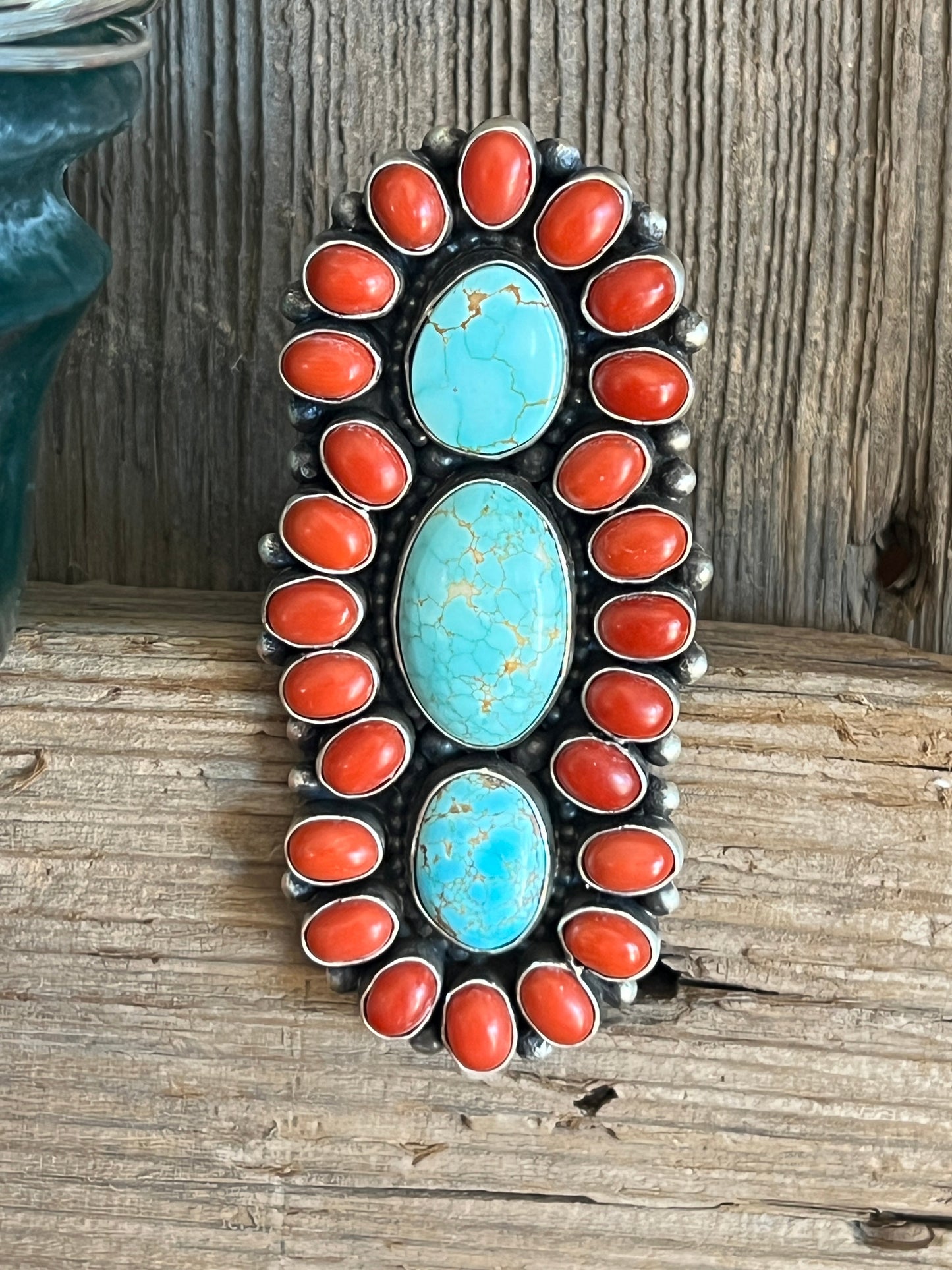 Navajo Sterling Silver, Coral and Number 8 Turquoise Ring by Darrin Livingston, Size 9
