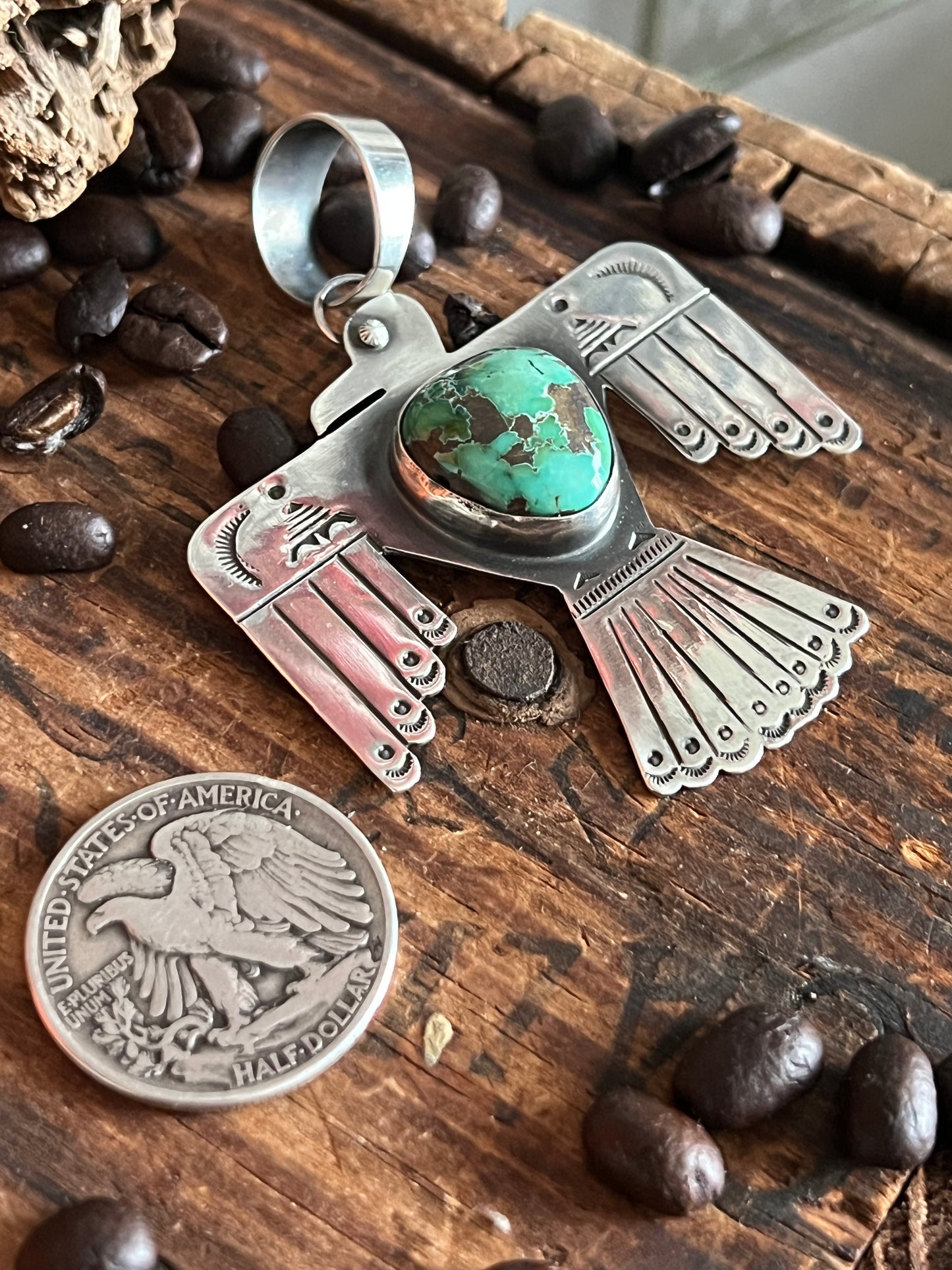 Hand Stamped Sterling Silver and Turquoise Thunderbird Pendant by Kimari Somers
