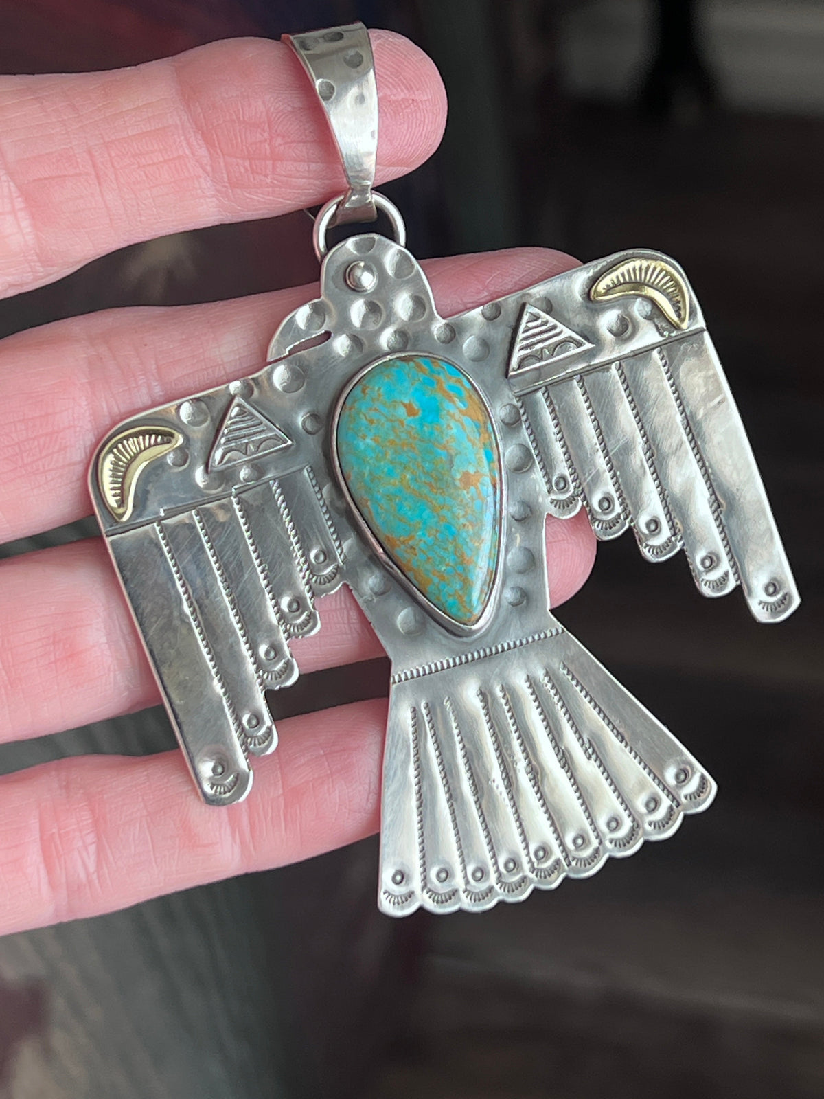 Kimari Somers Hand Stamped Sterling Silver & Kingman Turquoise Thunderbird Pendant 6