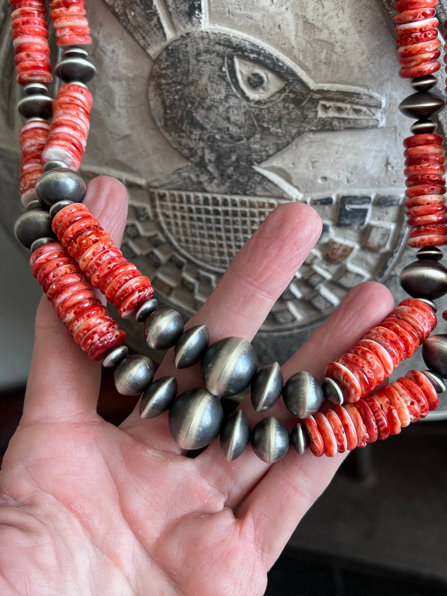 Chunky Sterling Silver and Red Spiny Oyster Single Strand Beaded Necklace by Rose Martin, 22” + 1-1/2”