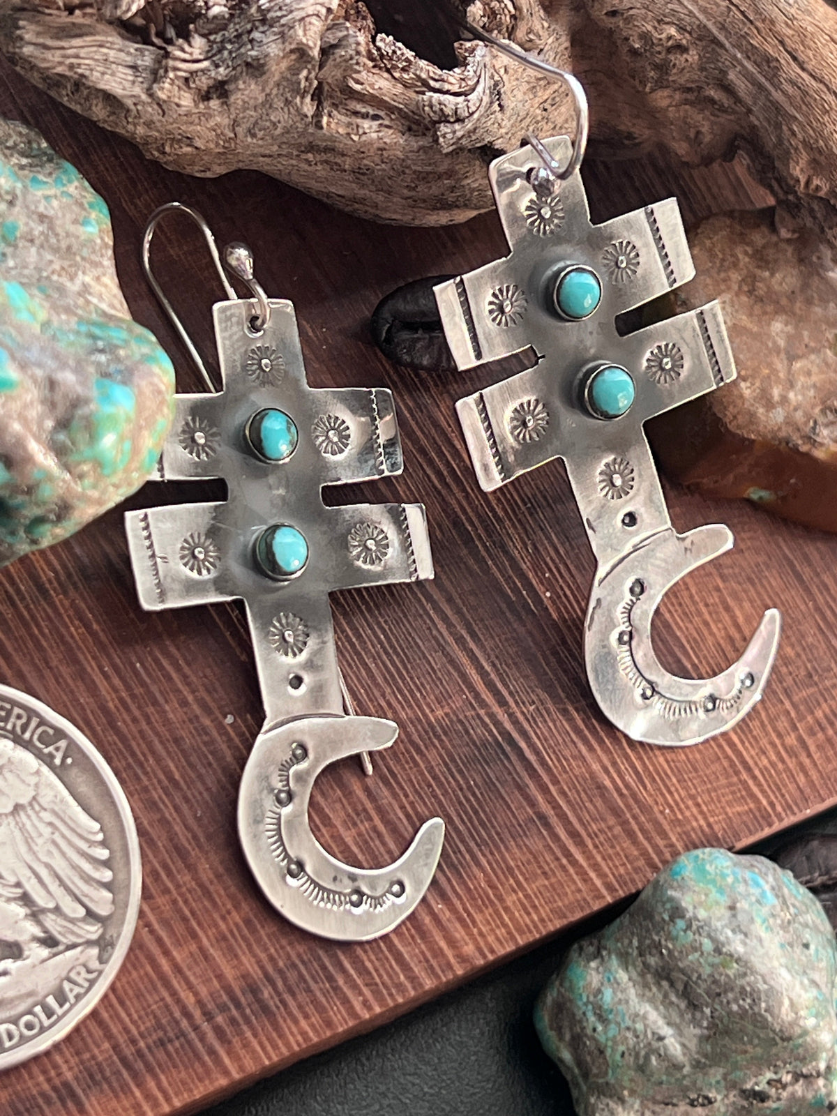 Hand Stamped Sterling Silver Dragonfly Cross Crescent Moon Dangle Earrings with Kingman Turquoise by Kimari Somers, Squared Bars
