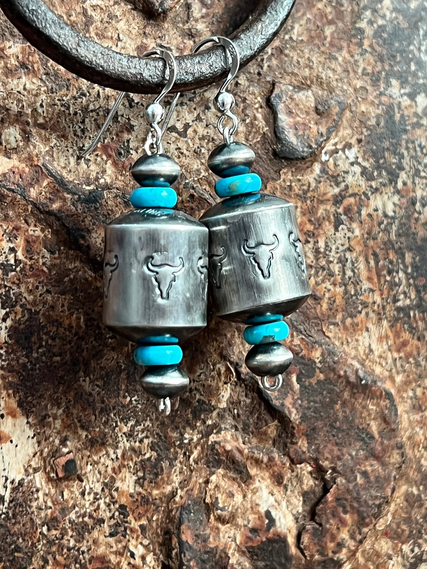 Navajo Sterling Silver and Turquoise Handmade Barrel Bead Earrings by Preston Haley