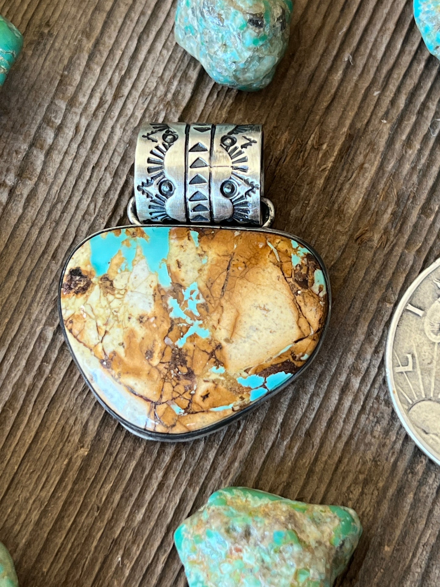 Navajo Sterling Silver and Royston Ribbon Turquoise Solo Pendant by Angela Martin