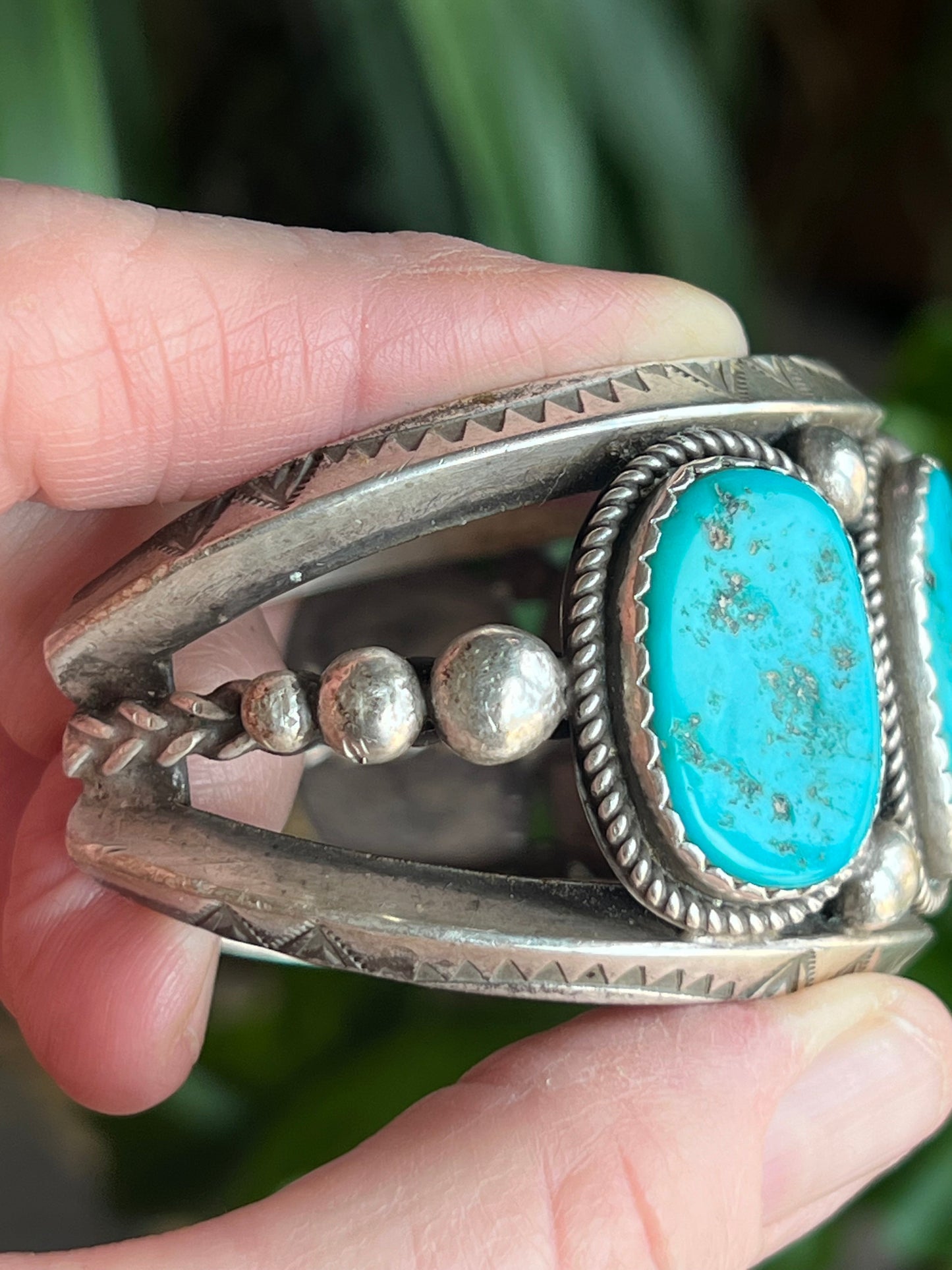 Old Pawn Navajo Sterling Silver and Natural Sleeping Beauty Turquoise Cuff Bracelet, Signed D