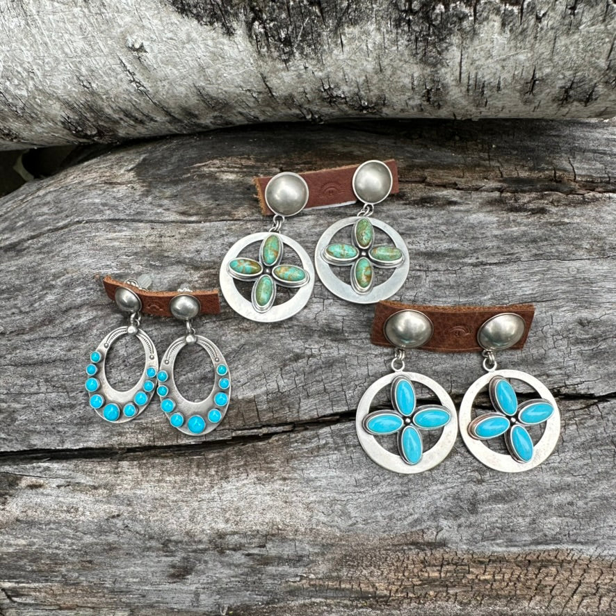 Artisan Made Sterling Silver and Blue Turquoise Four Directions Earrings by Dennis Hogan