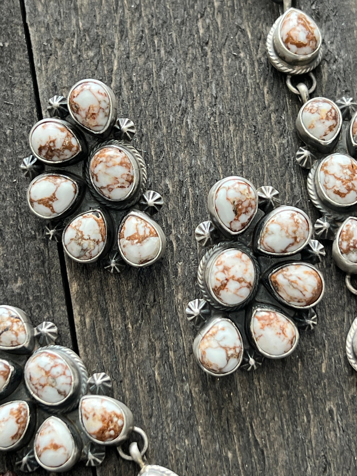 Navajo Sterling Silver and Wild Horse Cluster Necklace with Earrings, Signed D
