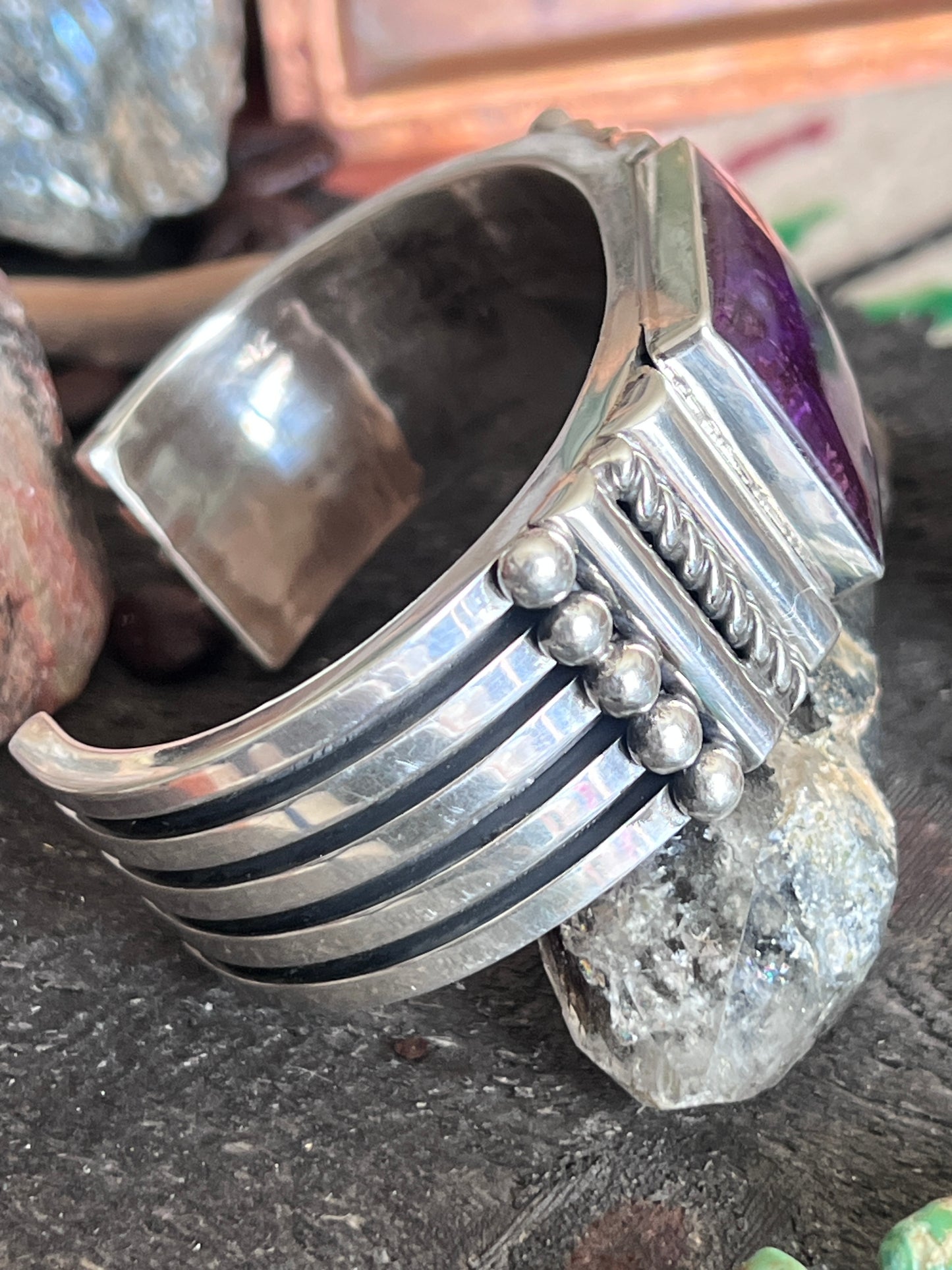 Hefty Sterling Silver and Sugilite Cuff Bracelet by Navajo Artist, Alfred Lee Sr.