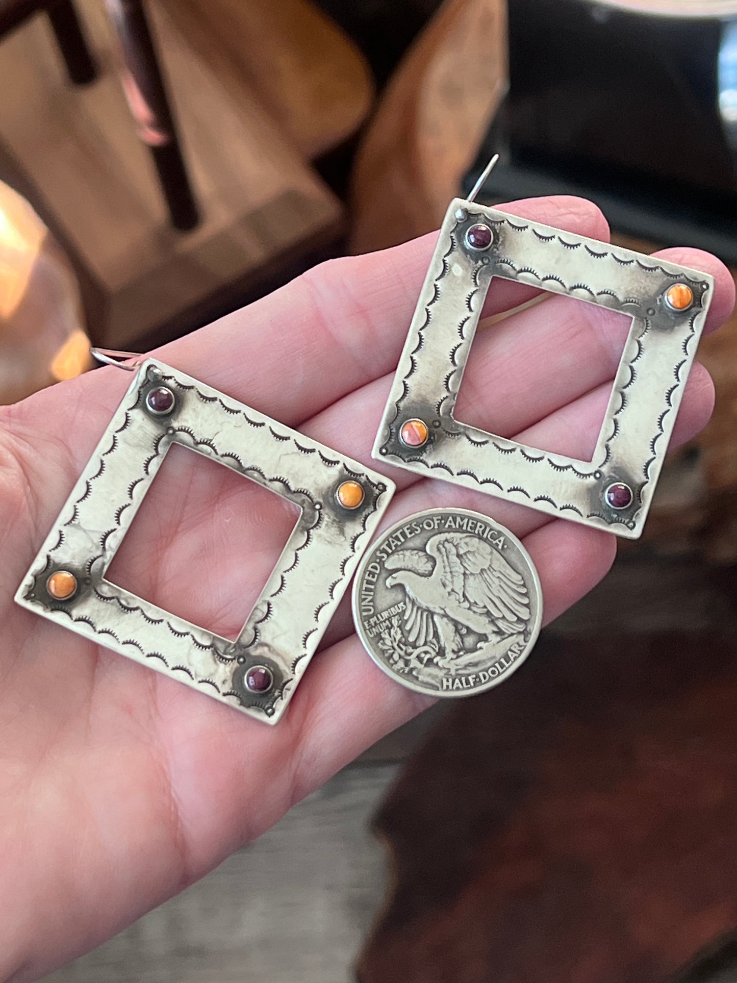 Kimari Somers Handcrafted Square Sterling Silver and Spiny Oyster Shell Earrings