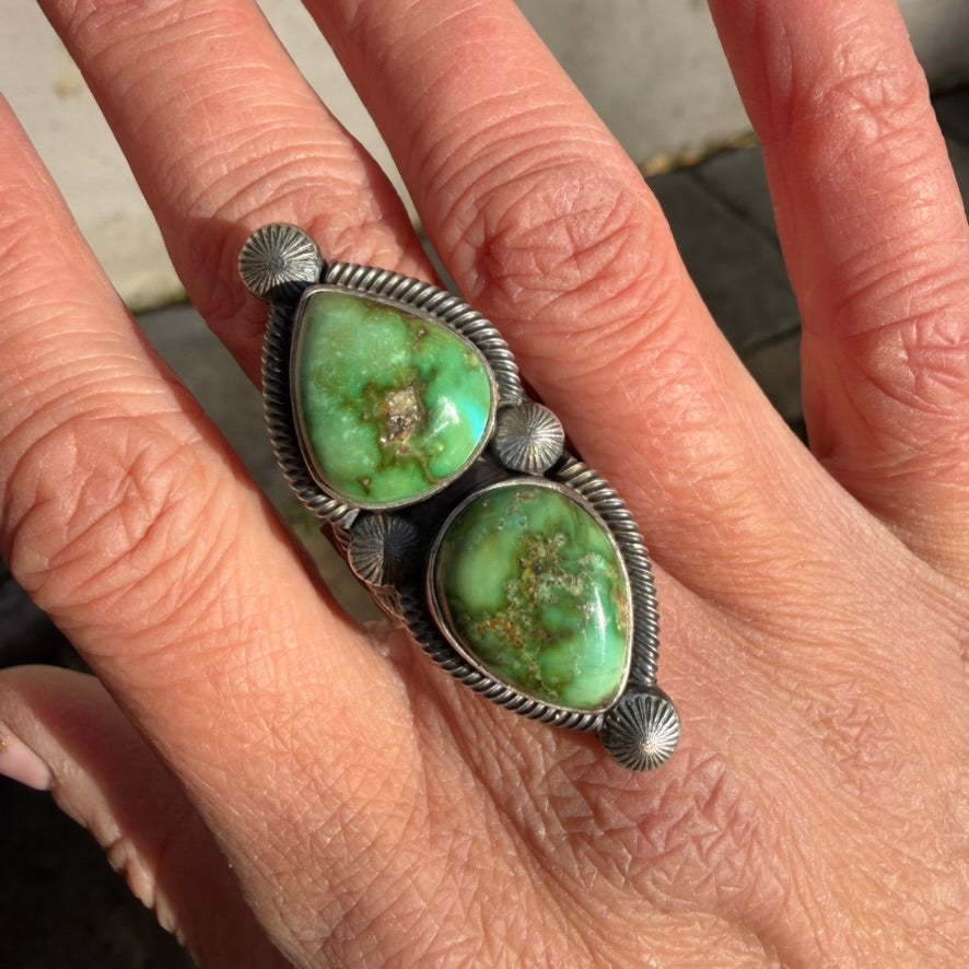 Navajo Sterling Silver Adjustable Double Sonoran Gold Turquoise Ring by Leon Martinez