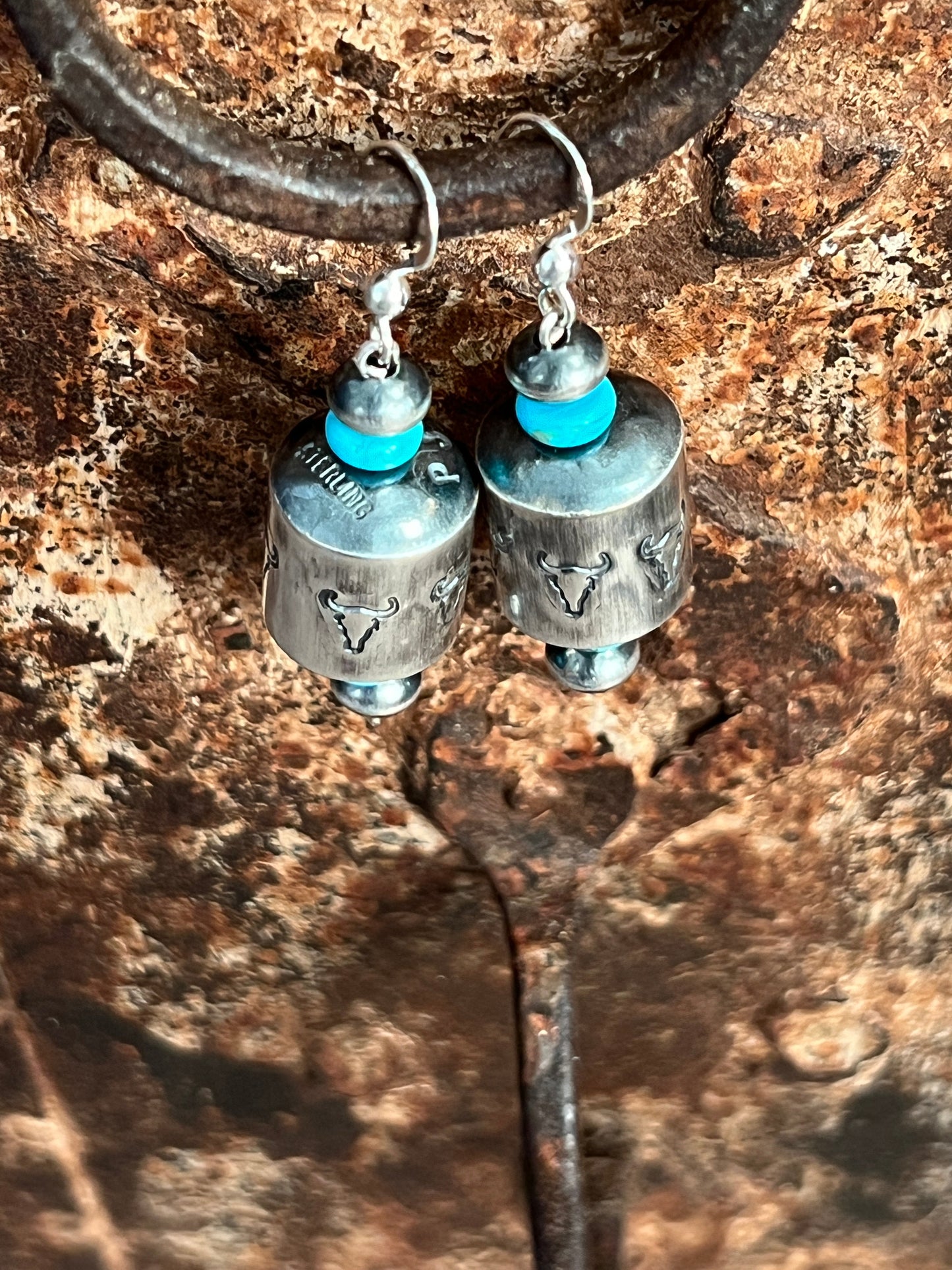 Navajo Sterling Silver and Turquoise Handmade Barrel Bead Earrings by Preston Haley