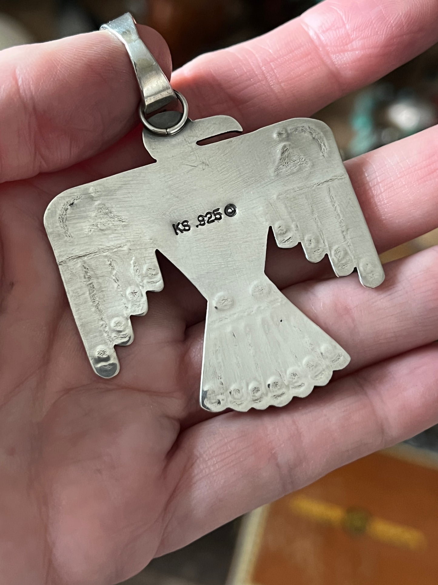 Hand Stamped Sterling Silver and Turquoise Thunderbird Pendant by Kimari Somers