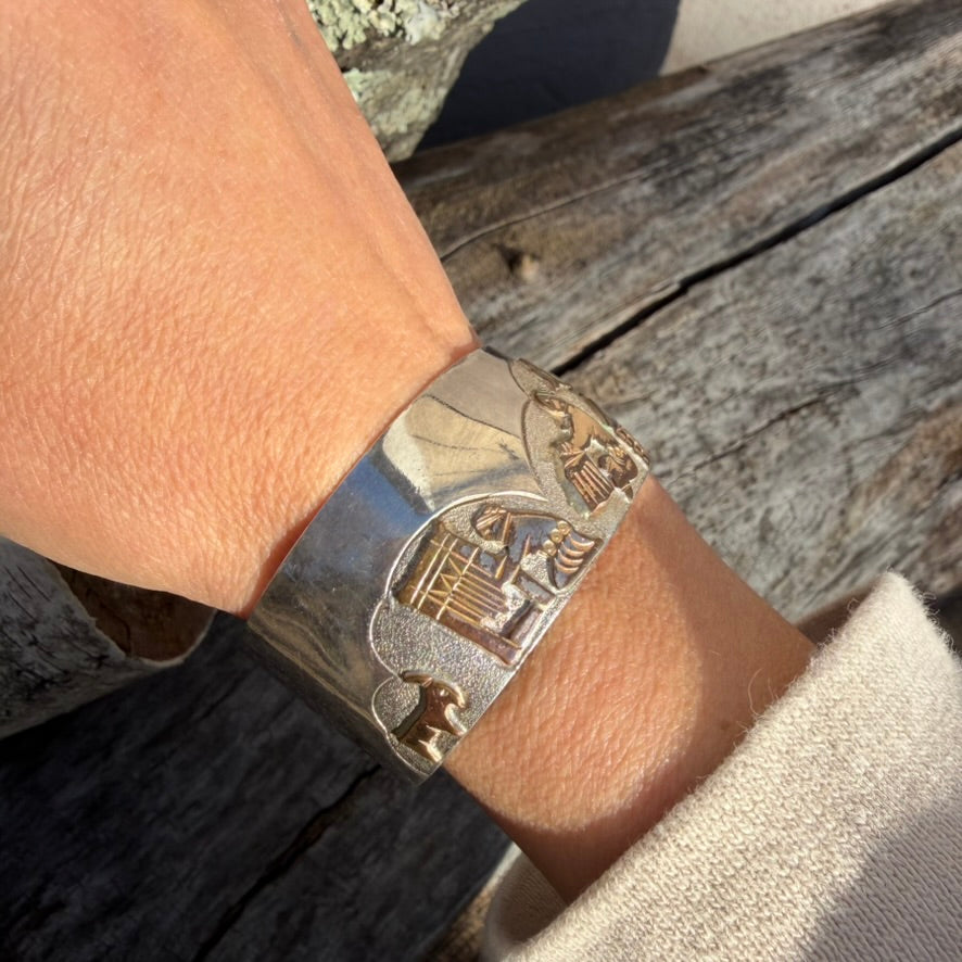 Apache Richard Reeve Sterling Silver with Gold Overlay Storyteller Cuff Bracelet