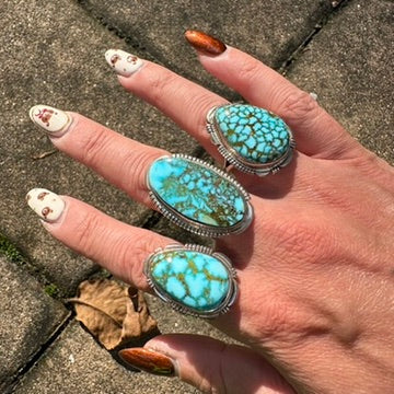 Navajo Sterling Silver Webbed Kingman Turquoise Ring Signed by Allen Lee
