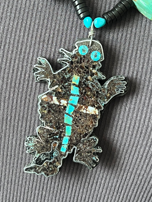Kewa Made Sterling Silver and Inlaid Stone Horned Toad Desert Dreamer Necklace by Warren Nieto