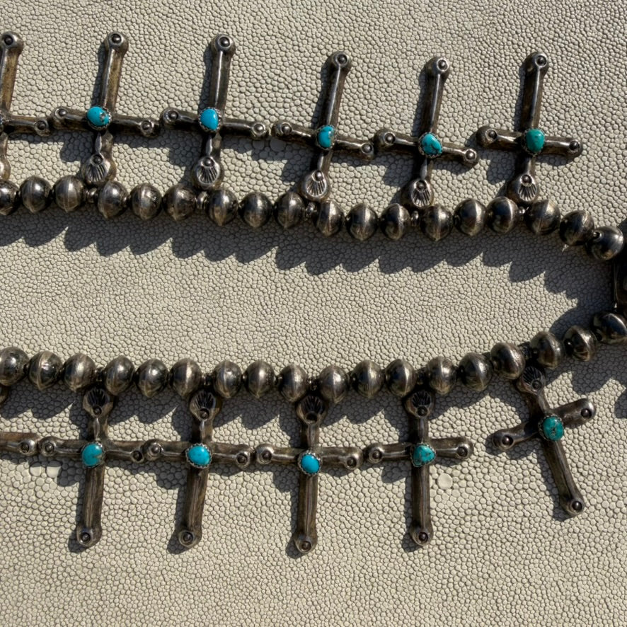 Vintage Sterling Silver and Turquoise Cross Squash Blossom Style Necklace Unsigned