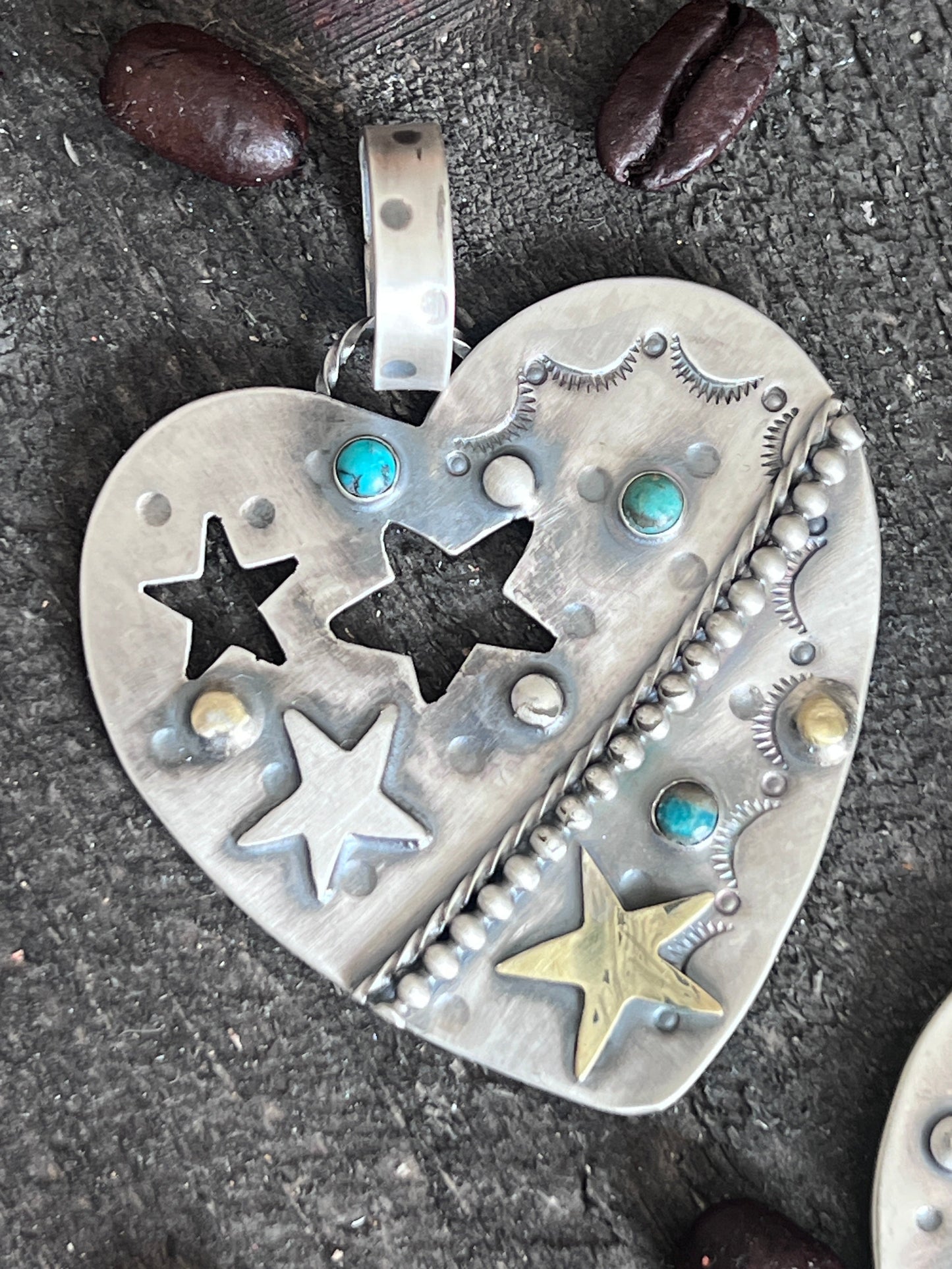 Hand Stamped Sterling Silver & Turquoise Heart Pendants w/ Brass Accents by Kimari Somers