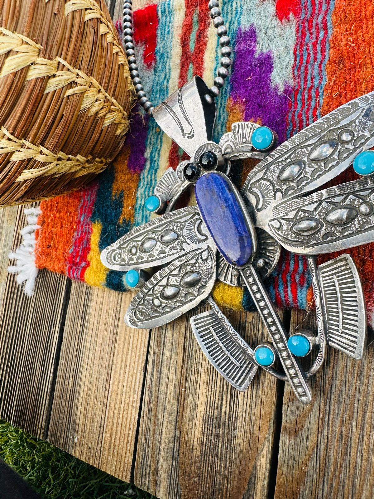Handcrafted Sterling Silver, Charoite, Turquoise & Onyx Dragonfly Pendant