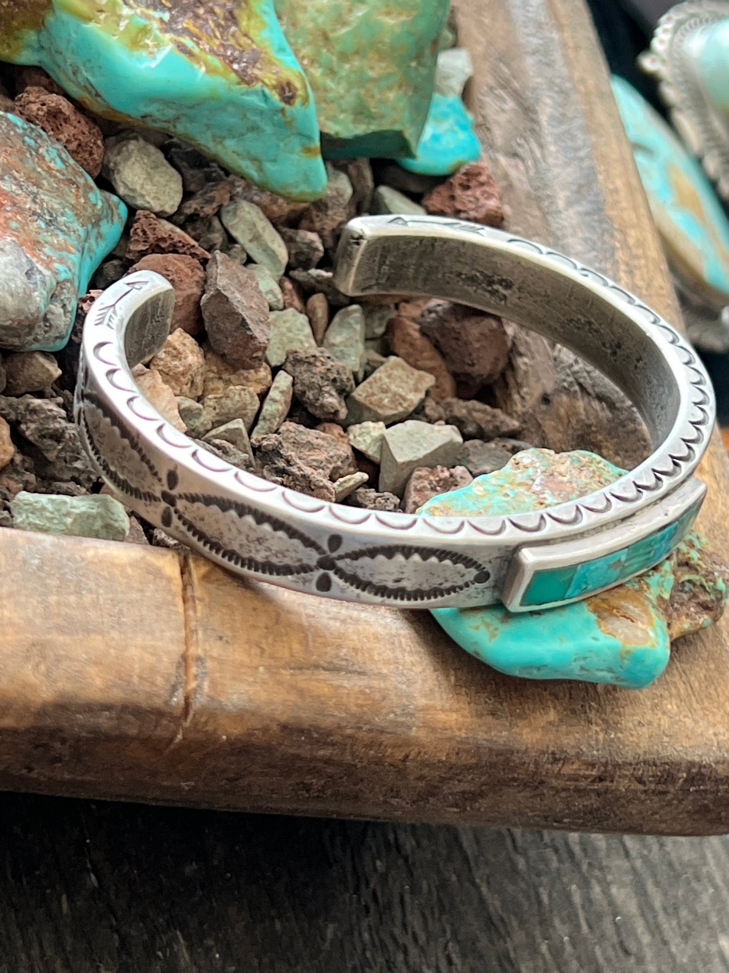 Falcon Trading Company Ingot Coin Silver and Fox Turquoise Inlay Cuff Bracelet by Joe O’Neill