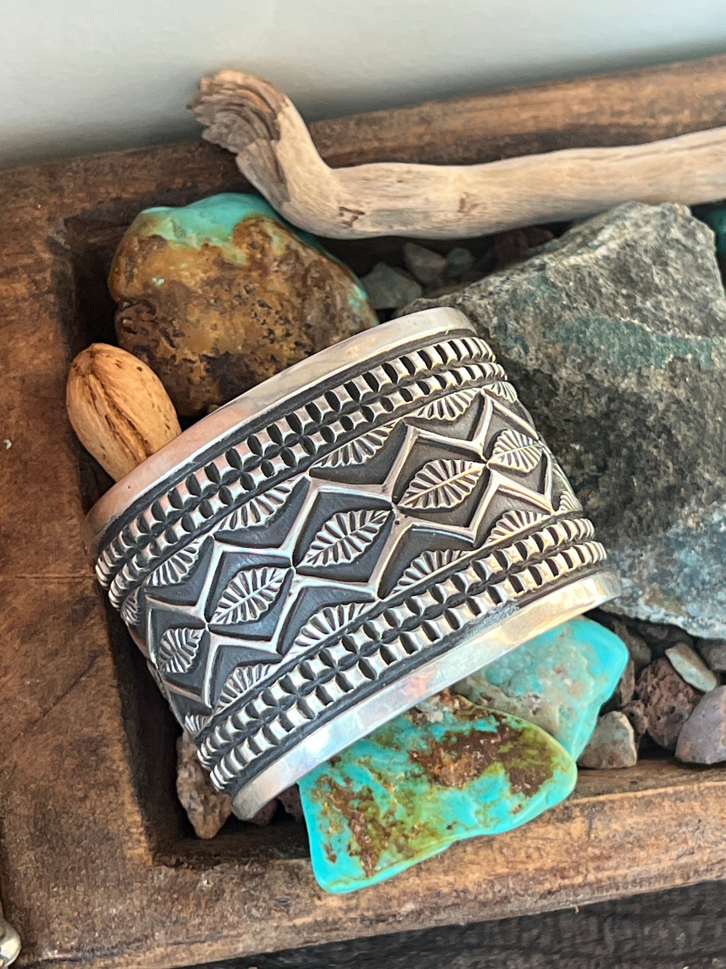 Old Pawn Navajo Sterling Silver Deep Stamped Cuff Bracelet by Elvira Bill